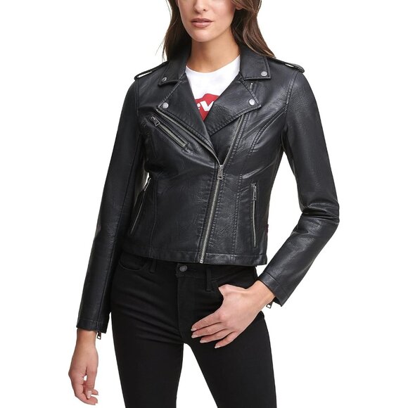 Women's The Classic Faux Leather Moto Jacket Parka Zip Closure Fully lined Coat - Picture 2 of 6